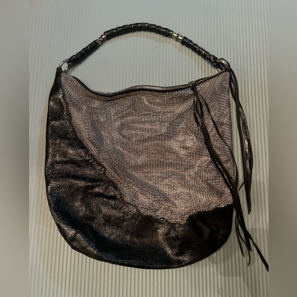 Foley + Corinna Silver Mesh Black Patent Leather Bag